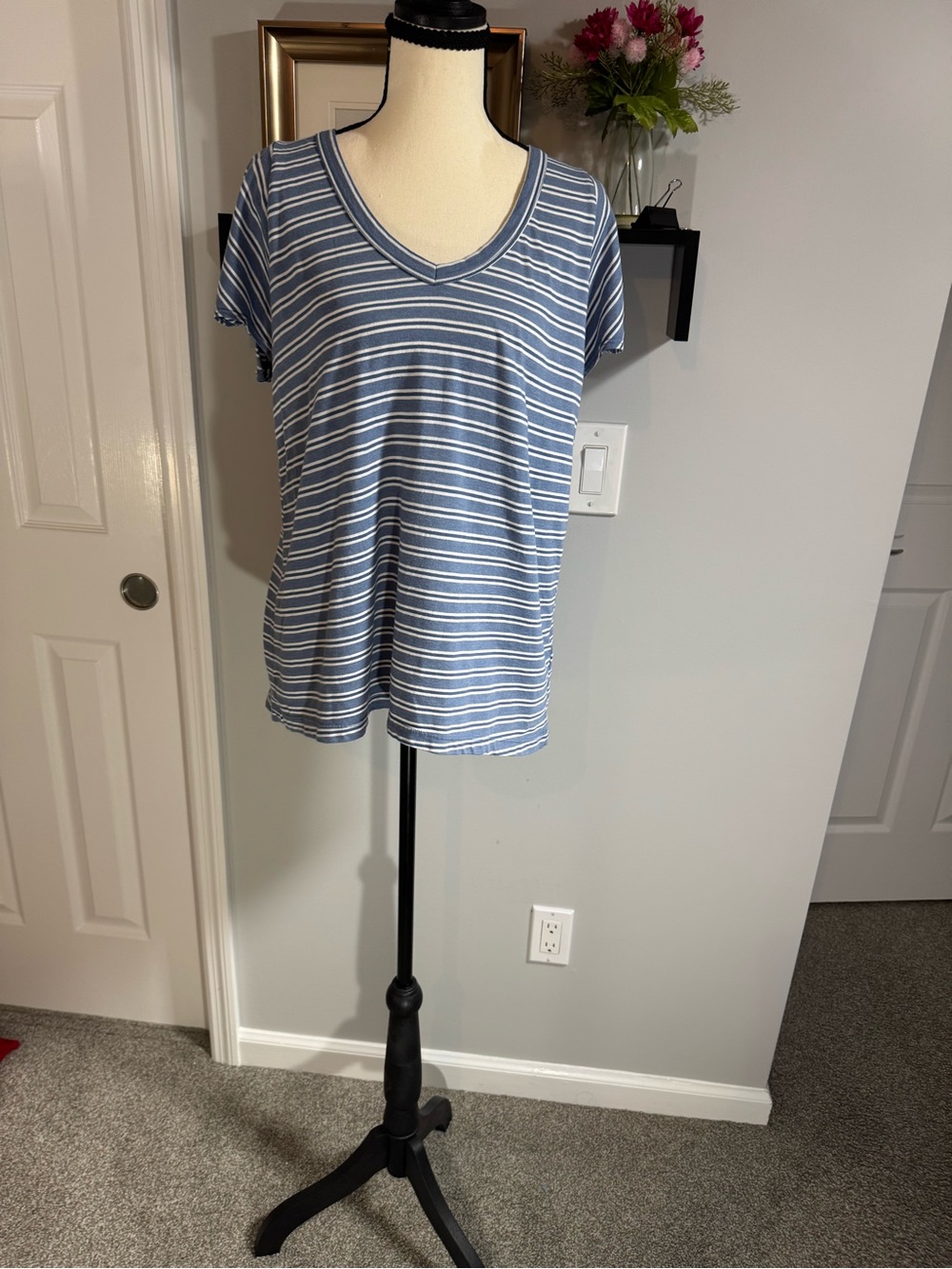Anthropologie-Left of Center Striped V-Neck Tee in Light Blue and White